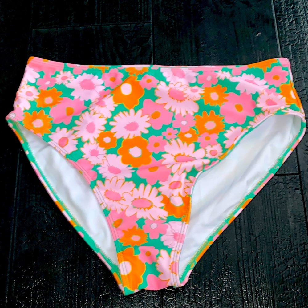 Pink Lily‎ Large High Waisted Bikini Bottom Floral Print New pink green orange